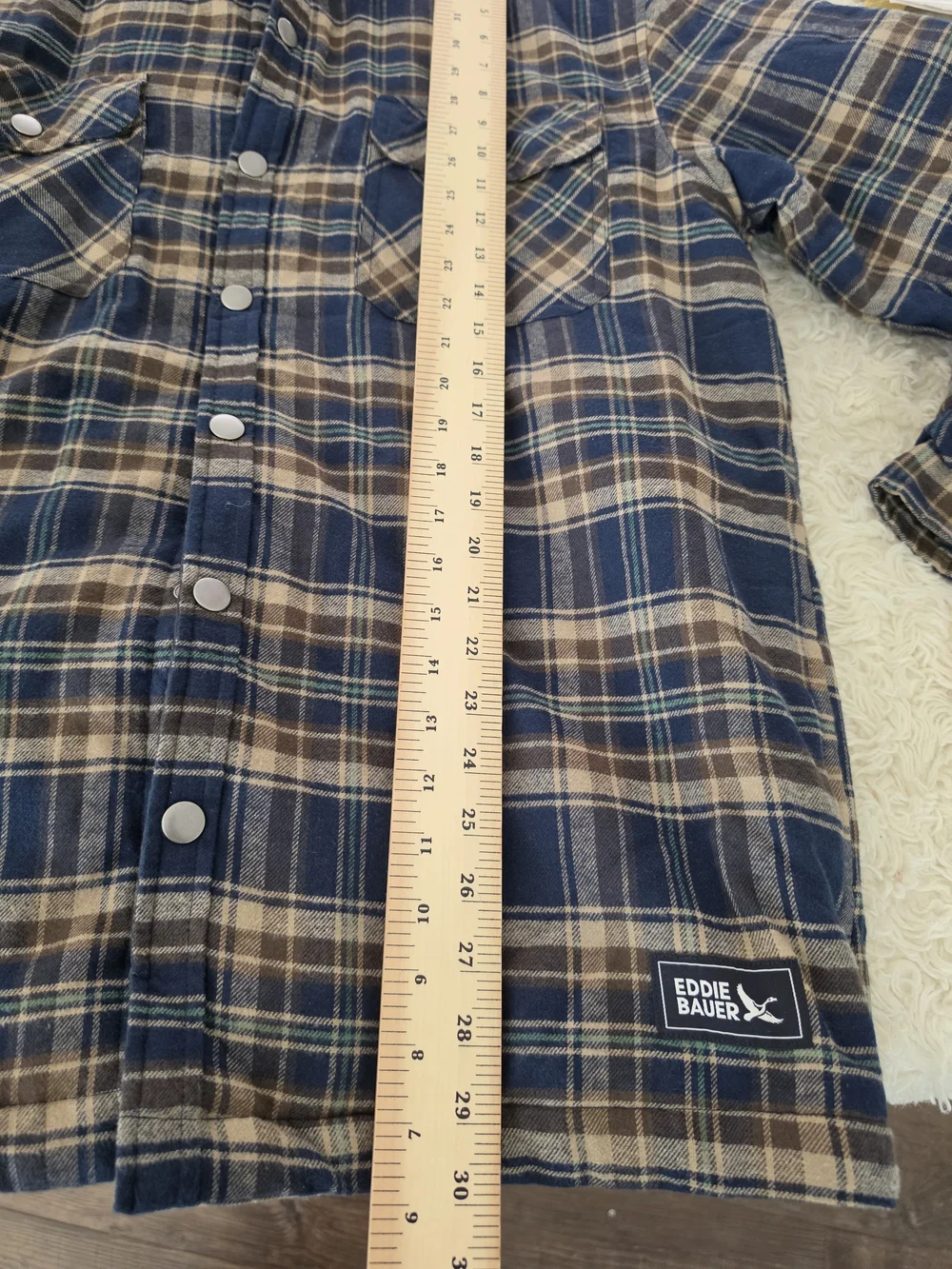 Eddie Bauer Navy and Olive Plaid Hooded Shacket
